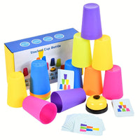 Bunte Stapelbecher Spielset mit Karten und Glocke, Lernspielzeug für Kinder.