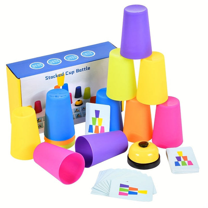 Bunte Stapelbecher Spielset mit Karten und Glocke, Lernspielzeug für Kinder.