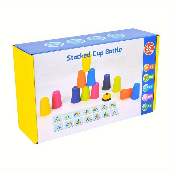 Spielzeug-Set "Stacked Cup Battle" in bunter Verpackung, Becherstapelspiel für Kinder ab 36 Monaten.