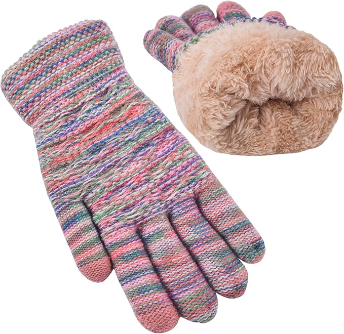 Bunte gestrickte Handschuhe mit Fleecefutter, warm, winterfest, Damenmode, Accessoire.