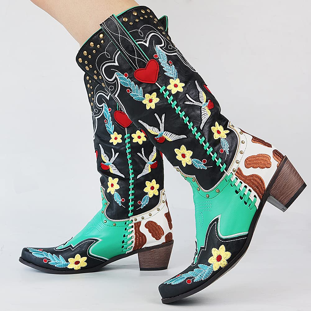 Bunte Cowboystiefel mit Blumenmuster, Herzdesign und Stickerei, Damenmode, Leder, Westernstil.