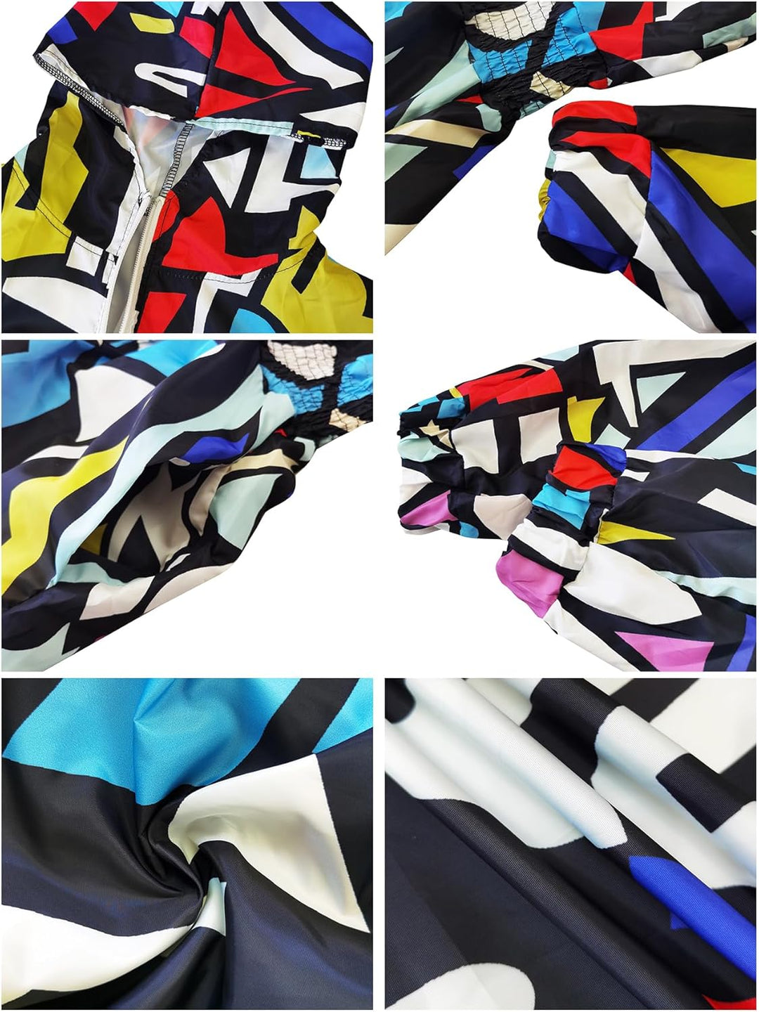 Bunte Regenjacke mit geometrischem Muster, wasserdicht, atmungsaktiv, Outdoor-Bekleidung.