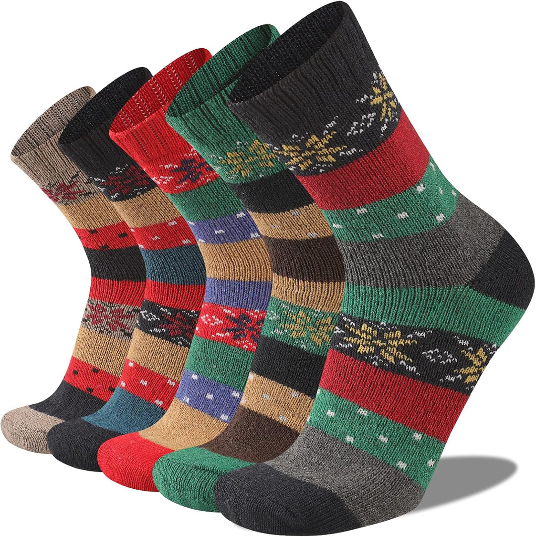 Bunte Damen-Wollsocken im Norwegerstil, 5er-Pack, warm, bequem, winterfest.