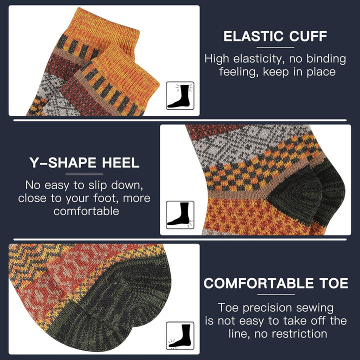 Bunte Wollsocken mit elastischem Bund, Y-Ferse, bequemer Zehenpartie, warm und rutschfest.