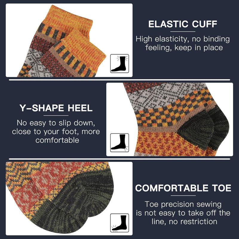 Bunte Wollsocken mit elastischem Bund, Y-Ferse, bequemer Zehenpartie, warm und rutschfest.