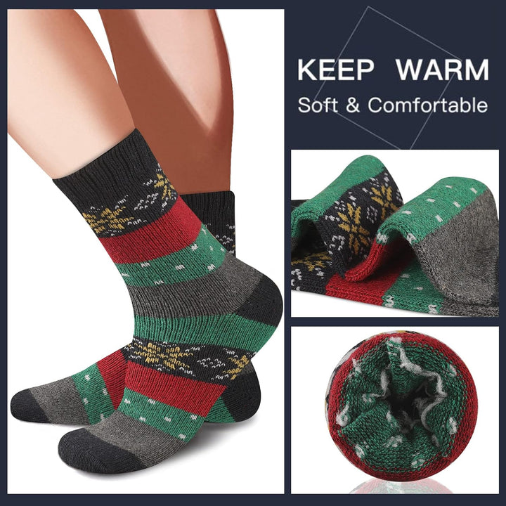 Bunte warme Wollsocken mit Schneeflockenmuster, weich und bequem, ideal für kalte Wintertage.