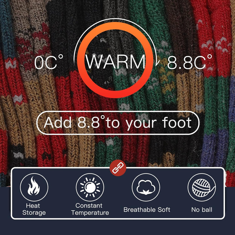 Bunte, warme Wollsocken für kalte Temperaturen, atmungsaktiv und temperaturregulierend.