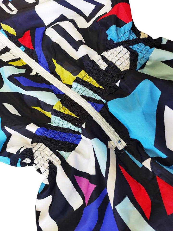 Bunter Windbreaker mit geometrischem Muster, Reißverschluss, atmungsaktiv, sportlich, Unisex.