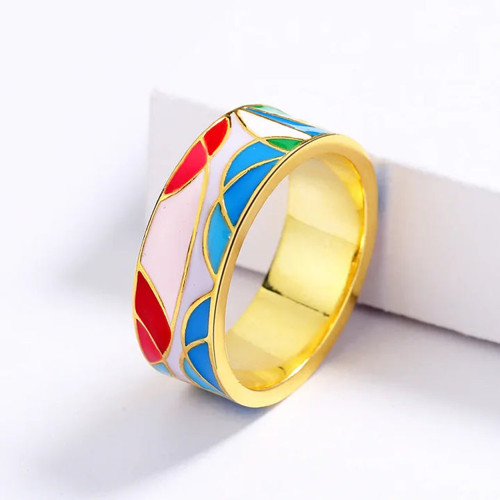 Goldener Emaille-Ring mit buntem geometrischem Muster, modisches Schmuckstück für Damen.