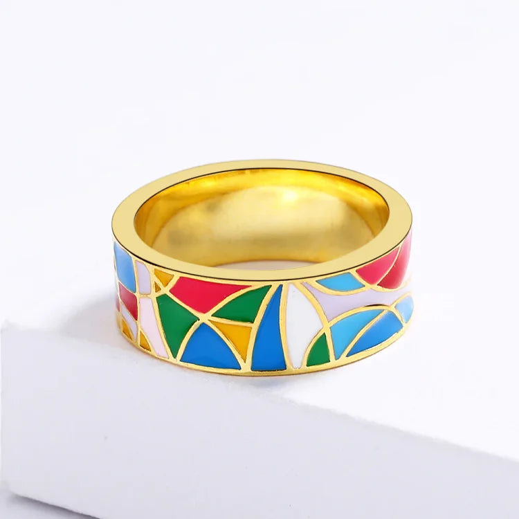 Bunter Emaille-Ring aus Gold, geometrisches Design, Schmuck für Damen, modisch und elegant.