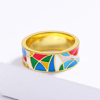 Bunter Emaille-Ring aus Gold, geometrisches Design, Schmuck für Damen, modisch und elegant.