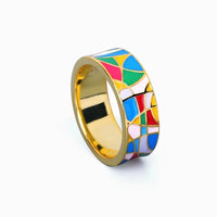 Bunter Emaille-Ring, goldfarben, geometrisches Design, modischer Schmuck, Unisex-Accessoire.