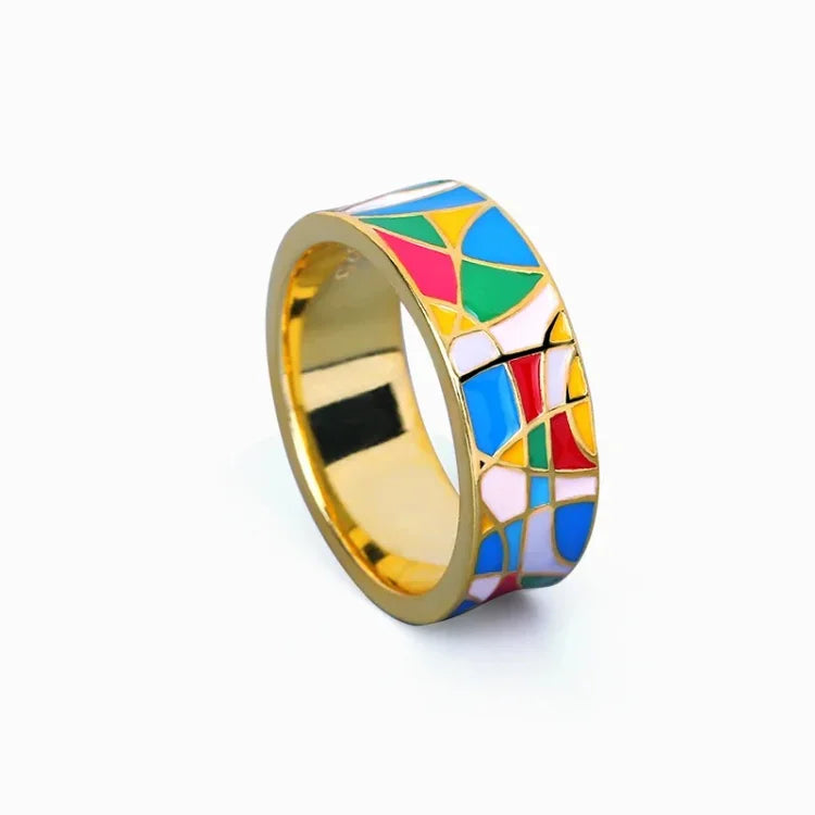 Bunter Emaille-Ring, goldfarben, geometrisches Design, modischer Schmuck, Unisex-Accessoire.