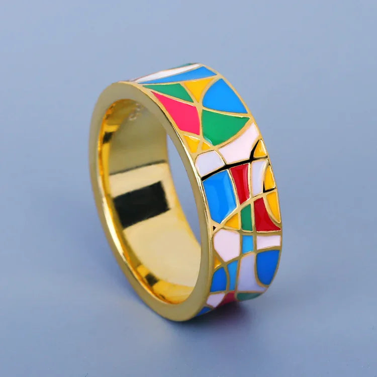 Bunter Emaille-Ring, goldfarben, geometrisches Mosaik-Design, modischer Schmuck für Damen.