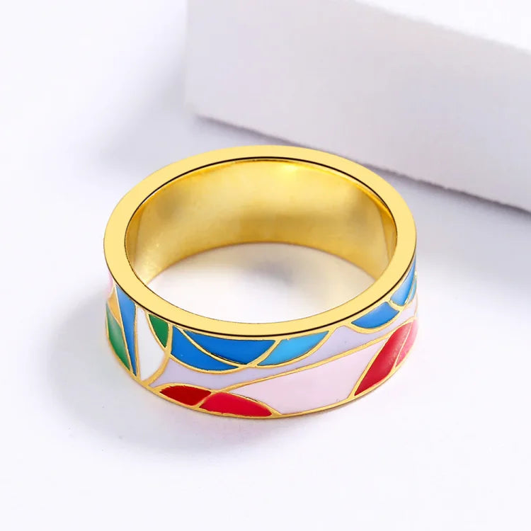 Goldener Emaille-Ring mit buntem Mosaik-Design, modisches Schmuckstück für Damen.