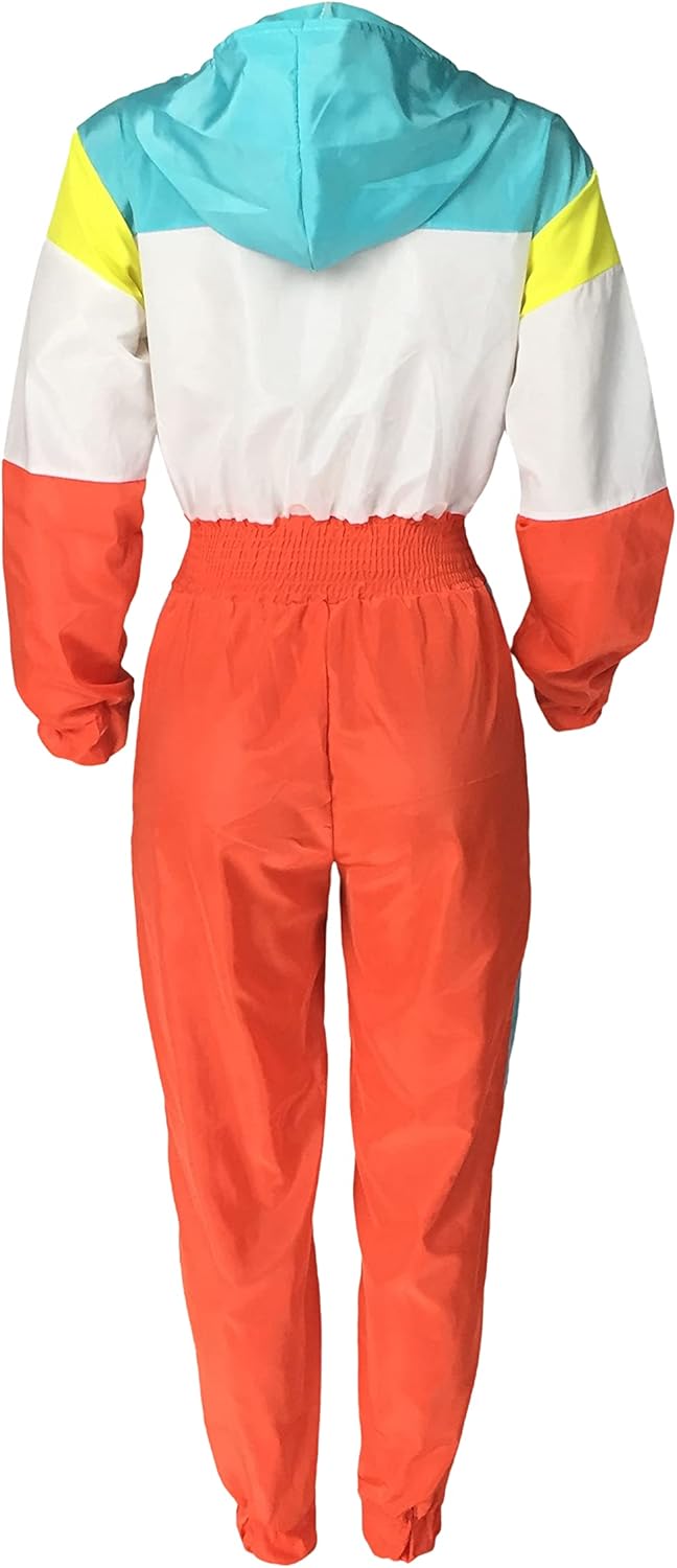 Bunter Retro-Trainingsanzug, Damen, Kapuze, elastische Taille, 80er Jahre Stil, Polyester.