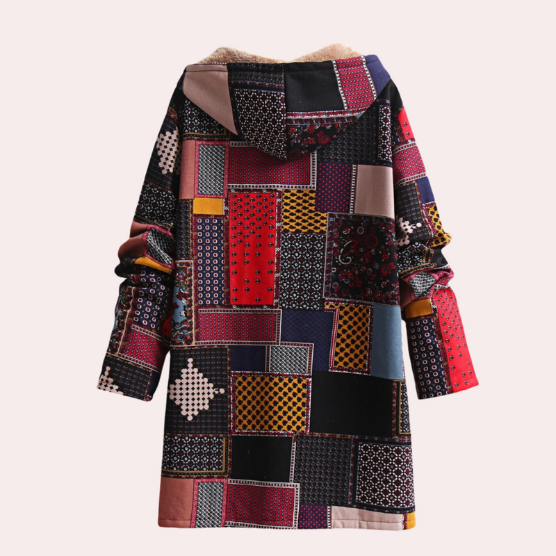 Bunter Patchwork-Mantel mit Kapuze, langärmelig, Boho-Stil, Damenmode, Herbst/Winter.