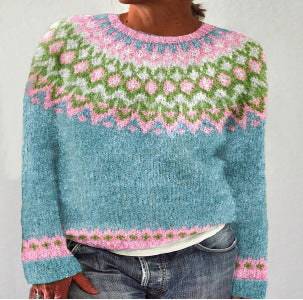 Damenpullover aus Wolle, blau mit rosa-grünem Norwegermuster, Strickmode, Winterkleidung.