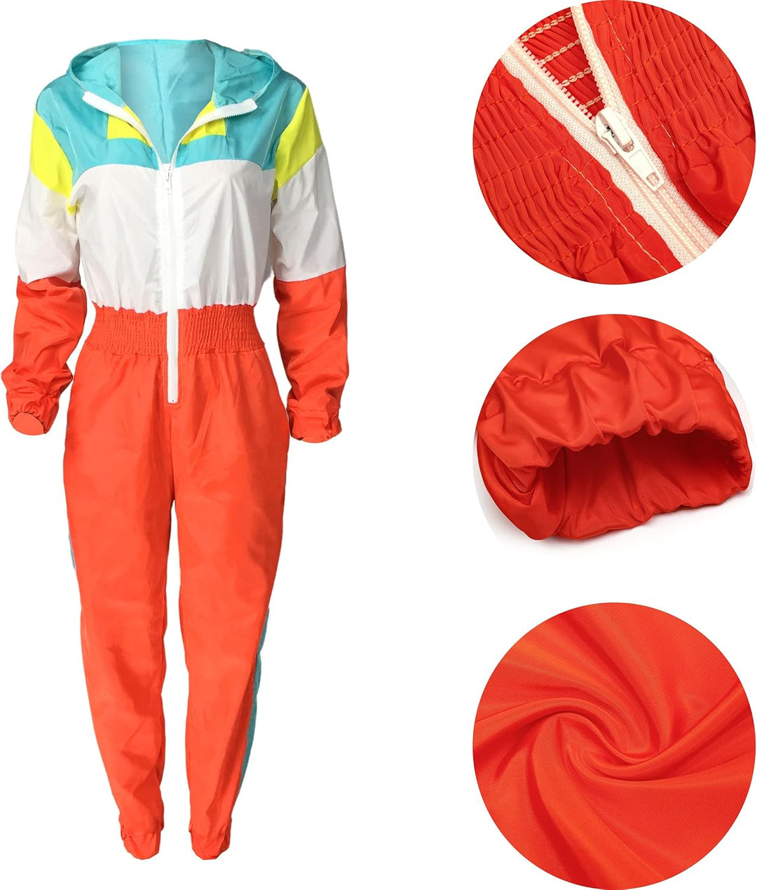 Damen Retro Trainingsanzug, bunt, Reißverschluss, Kapuze, elastische Bündchen, Polyester.