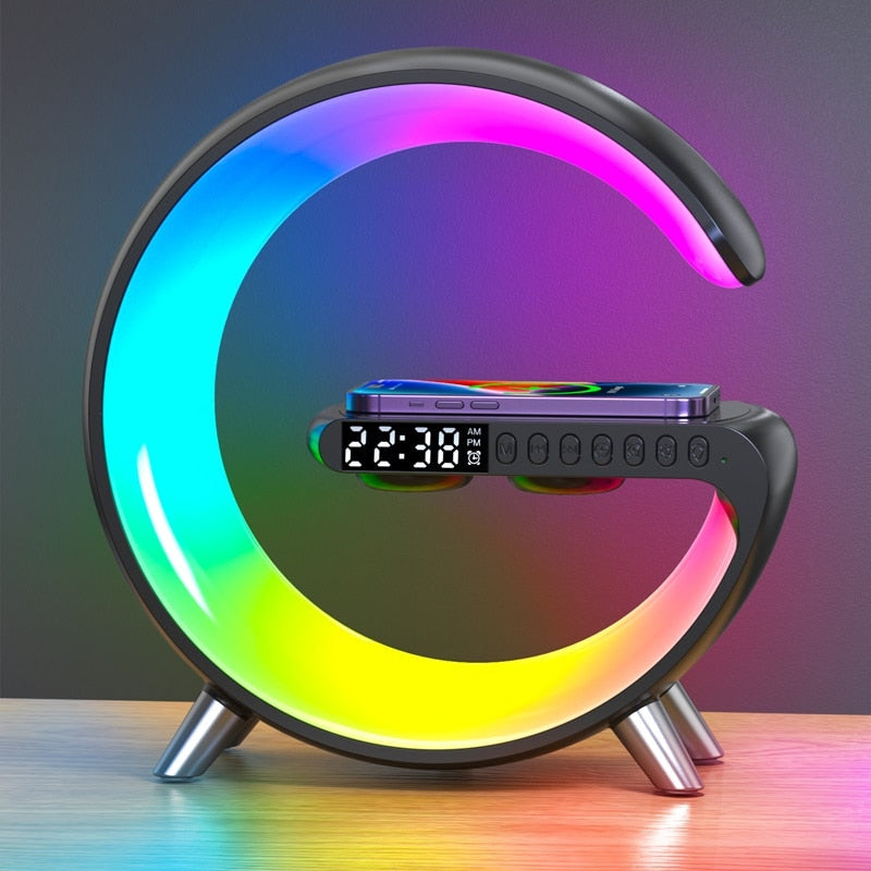 LED-Wecker mit kabelloser Ladestation, Regenbogenfarben, modernes Design, digital, Tischuhr.