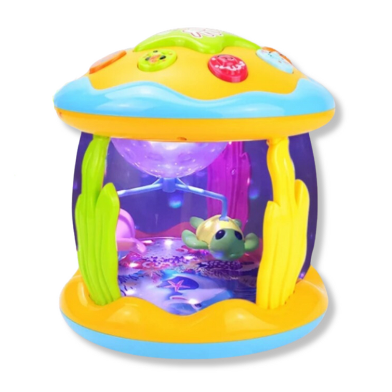 Buntes Babyspielzeug mit Lichtern, Musik, Schildkrötenmotiv, Kunststoff, interaktiv, rund.