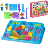 Buntes Kinetic Sand Set mit Förmchen, 500g, Spielzeug für Kinder, kreative Sandspielmatte.