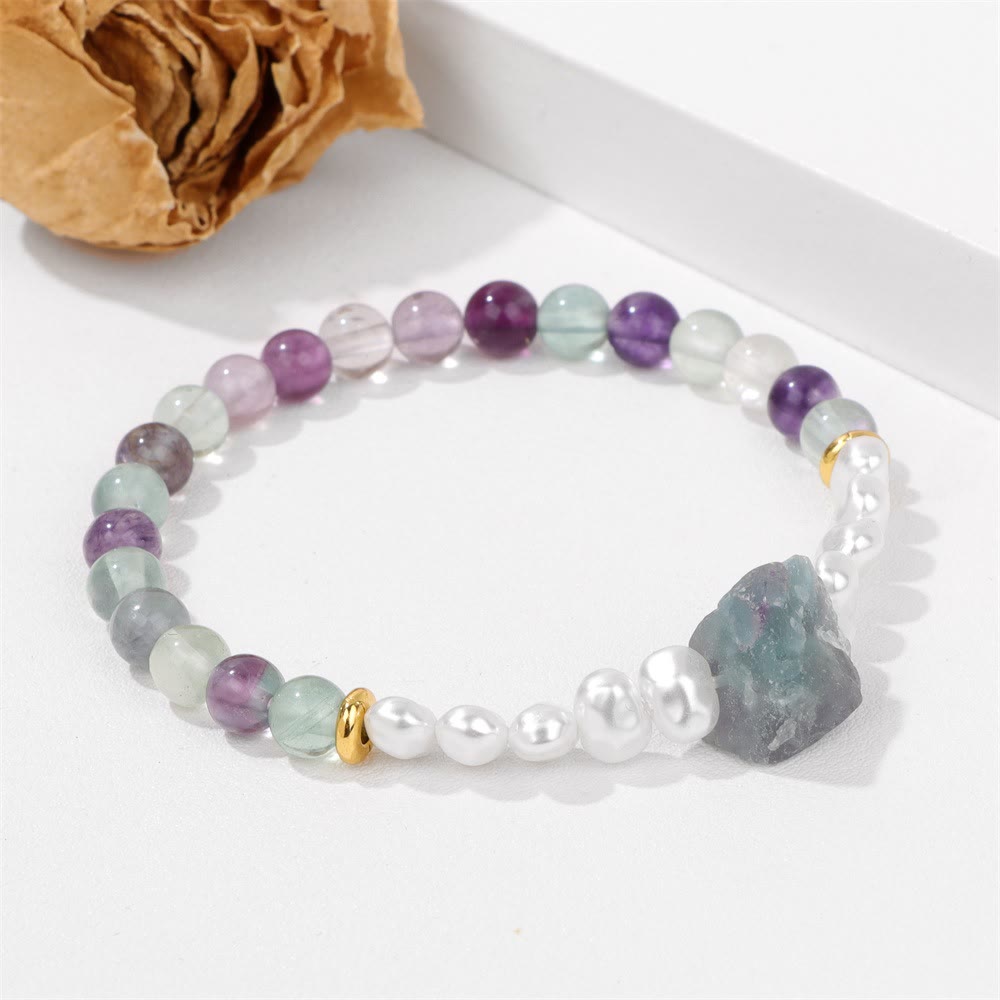 Armband aus Amethyst und Perlen, elastisch, lila und weiß, Schmuck für Damen, Geschenkidee.