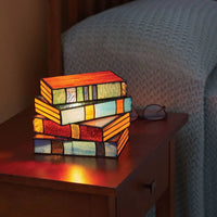 Buntglas-Bücherlampe, Vintage-Design, Tischdeko, Resin, ideal für Leseecke, Wohnzimmer.