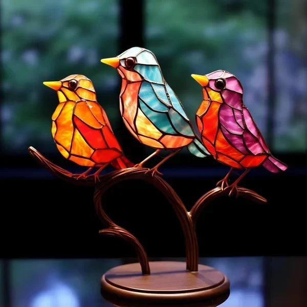 Buntes Tiffany-Glas-Vogellampe, drei Vögel, dekorative Tischleuchte, Kunstglas, Wohnzimmer.