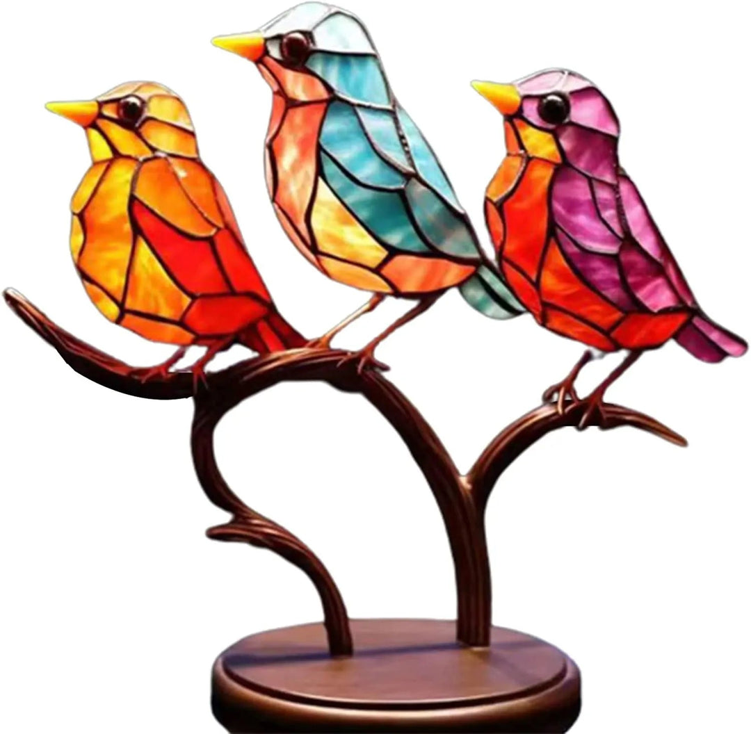 Buntes Tiffany-Glas-Vogelskulptur, drei Vögel auf Ast, dekorative Tischlampe, Kunsthandwerk.