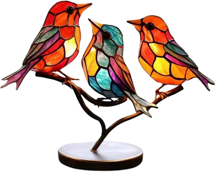 Buntes Tiffany-Glas-Vogel-Lampe, drei Vögel, dekorative Tischleuchte, Kunstglas, Vintage-Stil.