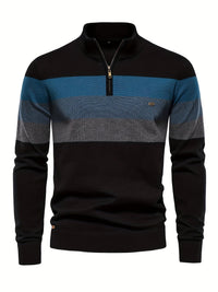 Schwarzer Herrenpullover mit blau-grauen Streifen, Reißverschluss, Baumwolle, modisch.