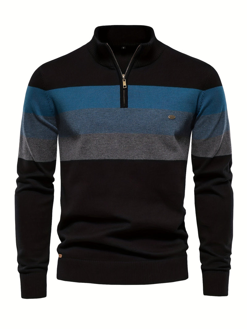 Schwarzer Herrenpullover mit blau-grauen Streifen, Reißverschluss, Baumwolle, modisch.