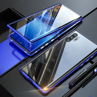 Blaues Smartphone mit transparentem Gehäuse, modernes Design, Glasrückseite, Kameraobjektive.