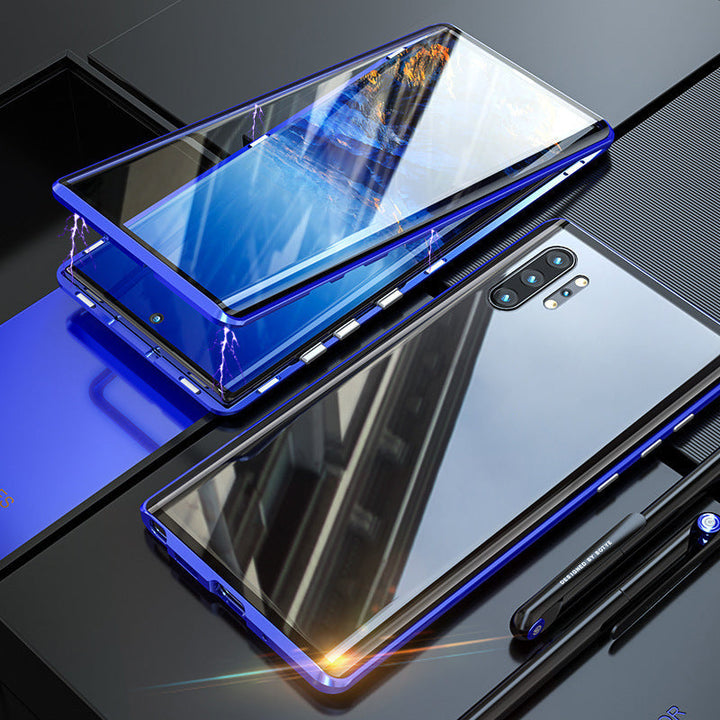 Blaues Smartphone mit transparentem Gehäuse, modernes Design, Glasrückseite, Kameraobjektive.