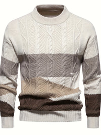 Herren Strickpullover, mehrfarbig, Zopfmuster, Rundhalsausschnitt, modisch, warm, Wintermode.