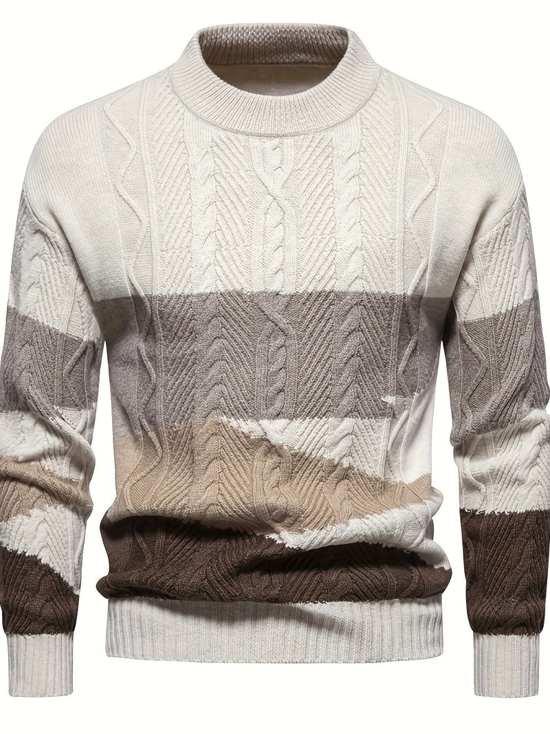 Herren Strickpullover, mehrfarbig, Zopfmuster, Rundhalsausschnitt, modisch, warm, Wintermode.