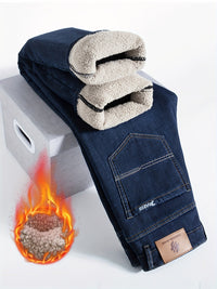 Dunkelblaue gefütterte Jeans für Herren, winterfest, mit Flammenmotiv, Baumwolle, warm.