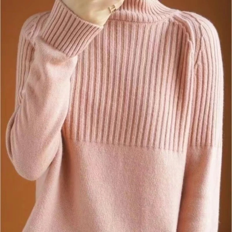 Rosa Strickpullover Damen, Rollkragen, Rippmuster, weiches Material, modisch, Herbstmode