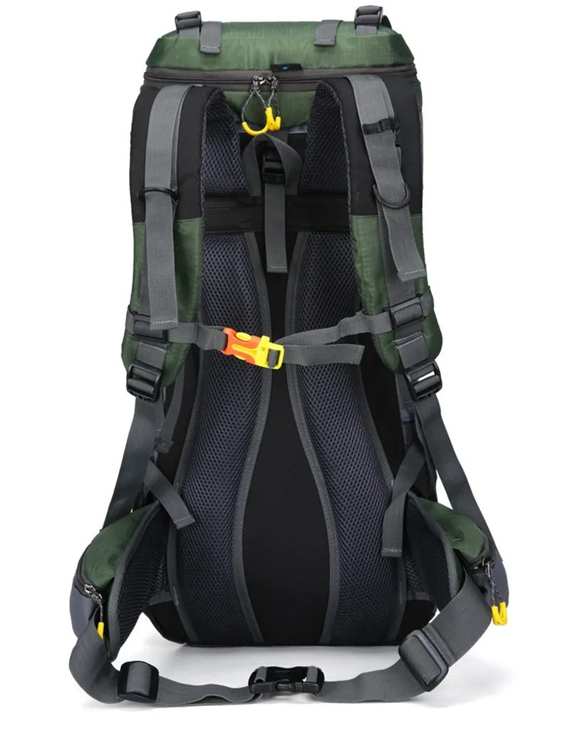 Grüner Wanderrucksack mit ergonomischen Schultergurten, atmungsaktivem Netzrücken, 40L Kapazität.
