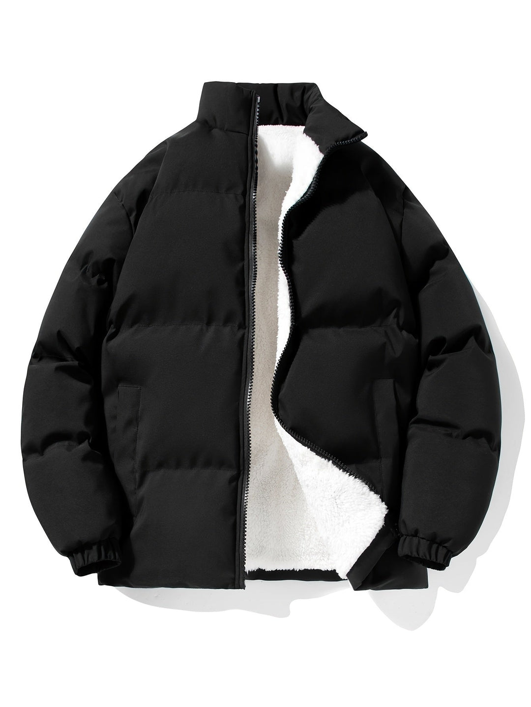 Schwarze Winterjacke mit weißem Fleecefutter, Reißverschluss, warm, modisch, Herrenbekleidung.
