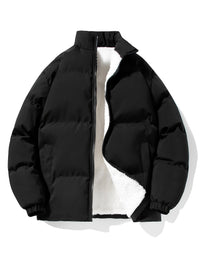 Schwarze Winterjacke mit weißem Fleecefutter, Reißverschluss, warm, modisch, Herrenbekleidung.