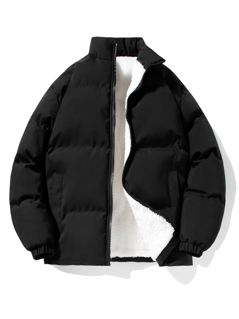 Schwarze Winterjacke mit weißem Fleecefutter, Reißverschluss, warm, modisch, Herrenbekleidung.