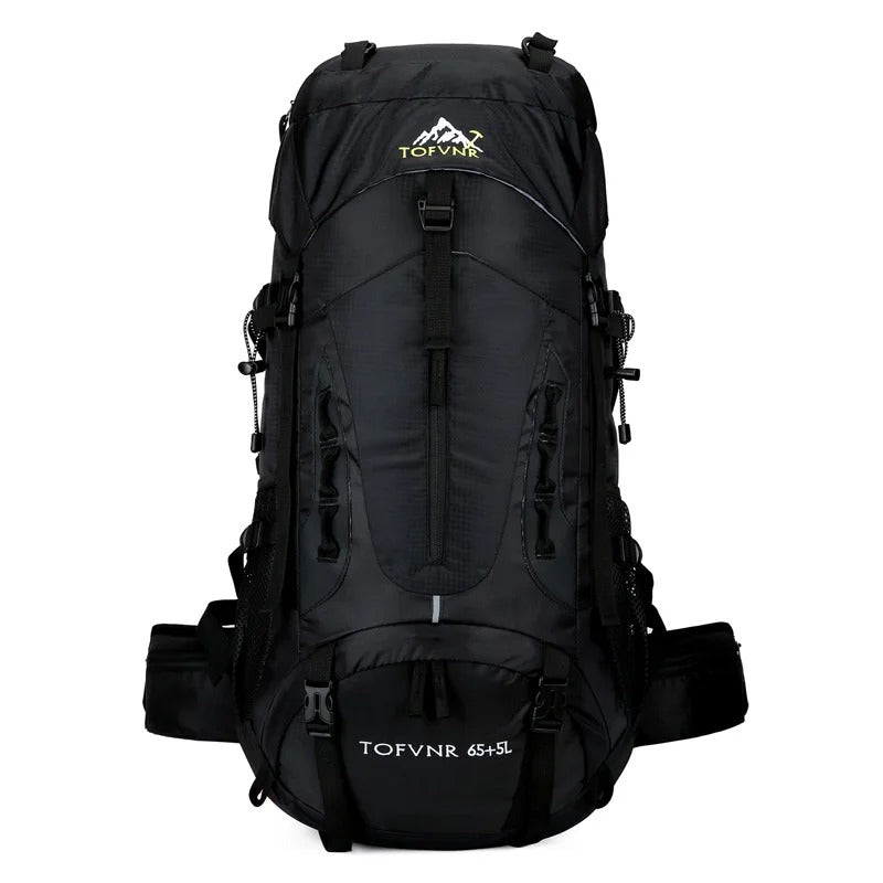 Schwarzer Tofvnr Wanderrucksack 65+5L, wasserdicht, mit mehreren Taschen und verstellbaren Gurten.