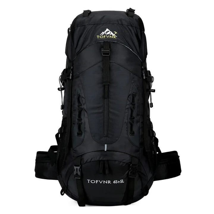 Schwarzer Tofvnr Wanderrucksack 65+5L, wasserdicht, mit mehreren Taschen und verstellbaren Gurten.