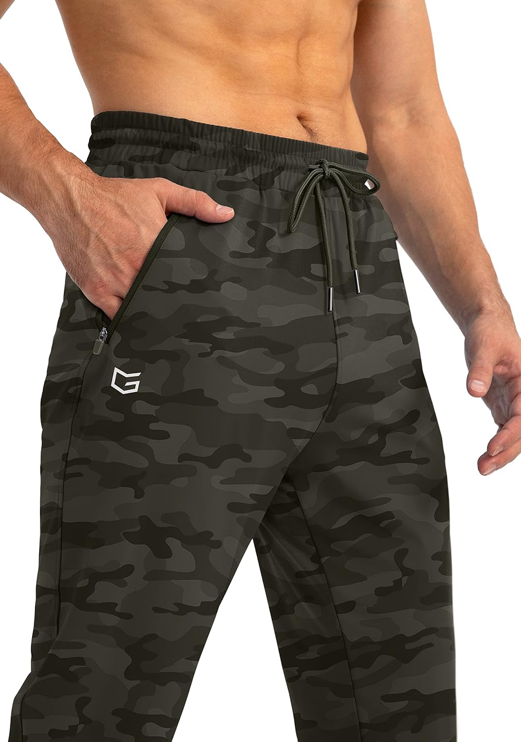 Herren Jogginghose Camouflage, elastisch, mit Kordelzug, Fitness, Sportbekleidung, grün.