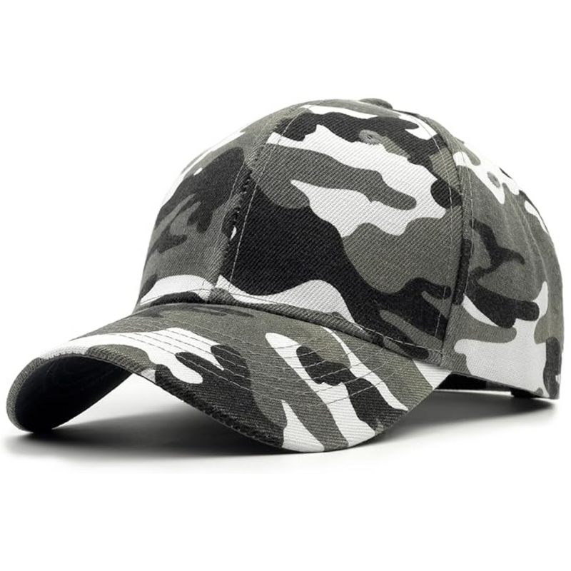 Camouflage-Basecap in Grau und Weiß, Unisex, Baumwolle, Outdoor-Mode, verstellbar.