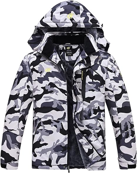 Camouflage Winterjacke Herren, wasserdicht, winddicht, Outdoor, Kapuze, Grau-Schwarz.