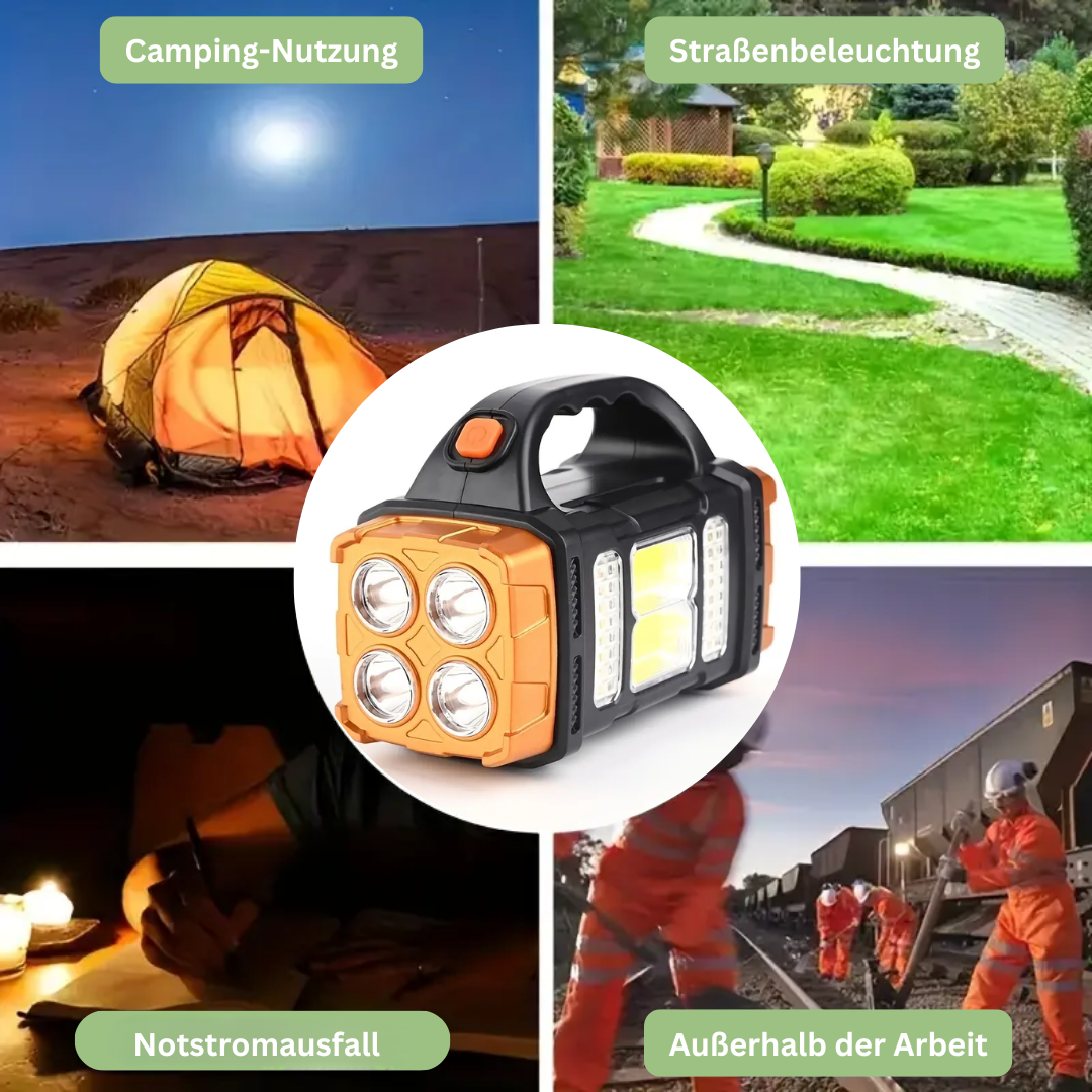 Tragbare LED-Campinglampe, solarbetrieben, für Notfälle und Outdoor-Aktivitäten.