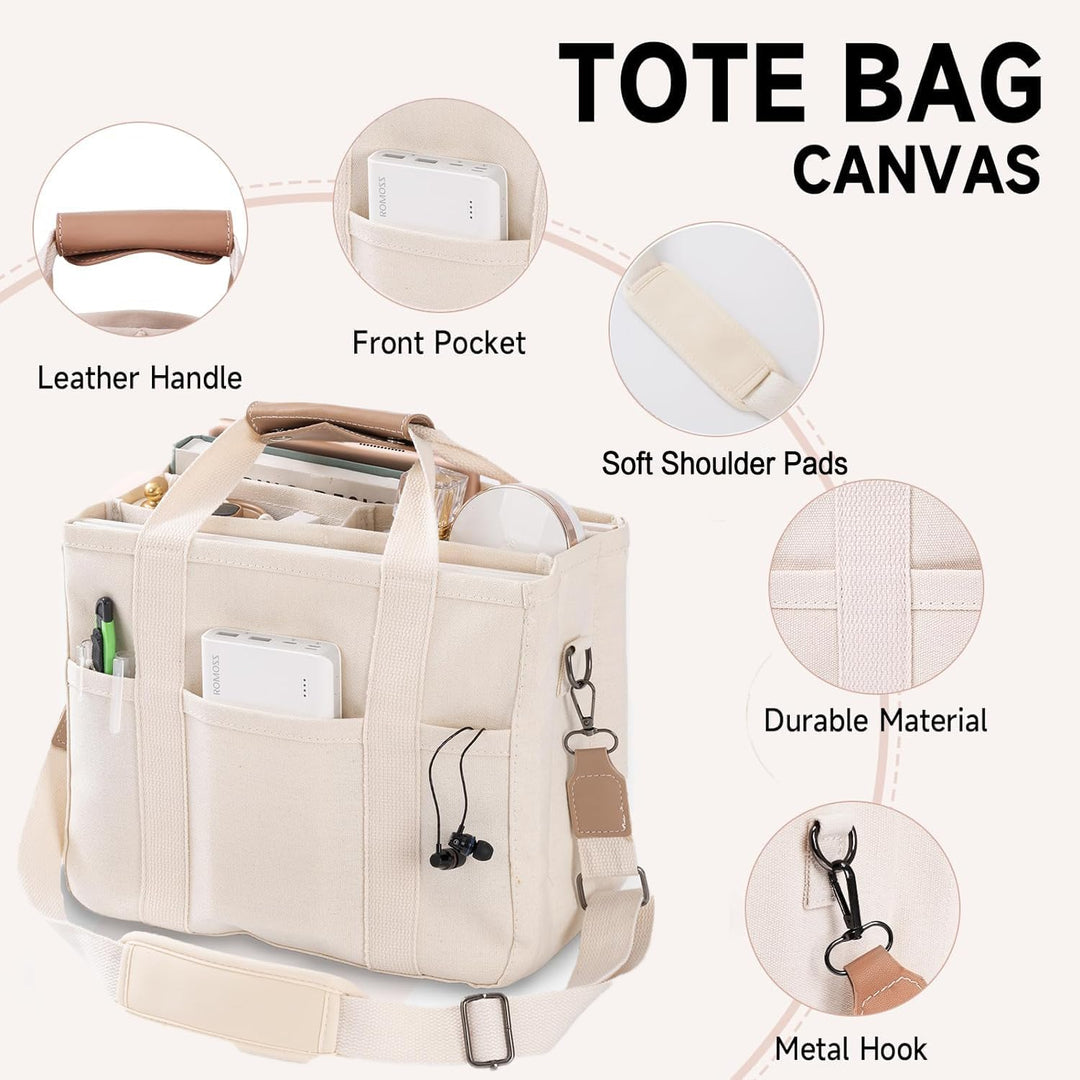 Beige Canvas Tote Bag mit Ledergriff, Fronttasche, weichen Schulterpolstern, Metallhaken.